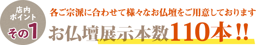 店内ポイントその1 各ご宗派に合わせたて様々なお仏壇をご用意しております お仏壇展示本数110本！！