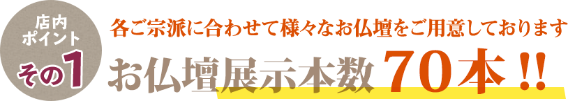 店内ポイントその1 各ご宗派に合わせたて様々なお仏壇をご用意しております お仏壇展示本数70本！！