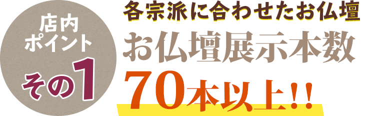 店内ポイントその1 各ご宗派に合わせたお仏壇 お仏壇展示本数70本以上！！